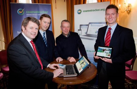 (Left to right) Steve Isaac, Director – Golf Course Management, The R&A; Kevin Weir, Golf Services Manager, Scottish Golf Union; Paul Keeling, Club Services Manager, England Golf; Phillip Russell, Manager – Golf Course Affairs, The R&A, pose for a photograph during the CourseTracker press conference launch at the Majestic Hotel on 22nd January 2013 in Harrogate, England. (photo credit: The R&A)