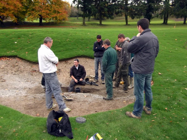 Jeremy Parkman of MJ Abbott Ltd provides training in Bunker Plug installation to course construction and greens’ staff at the Evian Masters Golf Club, France, which has been remodelled and upgraded over the past 18 months