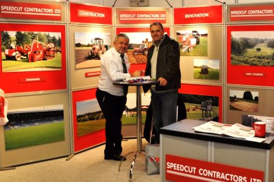 Dick Franklin, md of Speedcut, and David Whybrew, course manager at Foxhills Golf Club and Resort, Surrey, at BTME 2013