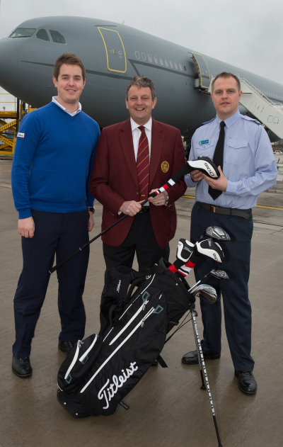 Leigh Davies, European marketing manager for Titleist Clubs, PGA Captain Eddie Bullock and Sgt Chris Shepherd, SNCO Passenger Plans at RAF Brize Norton.
