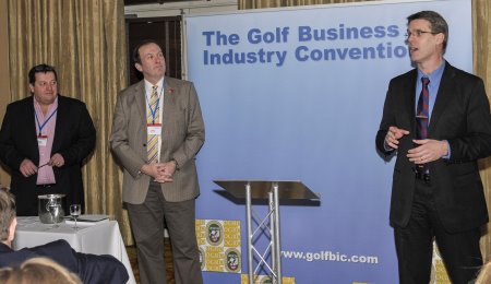 Mike Round, Chief Executive of the Golf Foundation, thanks the GolfBIC delegates for their fundraising at the charity dinner, with 'auctioneers' Colin Jenkins, Chairman OGRO, (left) and Jerry Kilby, outgoing Executive Director UKGCOA.