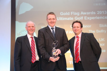 Sandy Jones, Chief Executive of the PGA & Simon Wordsworth 59Club CEO presents 3 awards of the evening to Ian Knox, Director of Golf at The Belfry - ‘The Ultimate Golf Experience’, ‘Golf Flag Award’ and ‘Golf Operation Team of the Year’.
