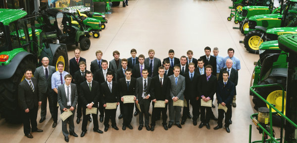 John Deere’s 2012 Turf Tech and Ag Tech third year graduates at the John Deere Forum in Mannheim, Germany, with John Deere’s Peter Leech and Chris Wiltshire, and John Chambers of Babcock.