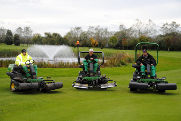 Ombersley Golf Club’s full complement of John Deere 2500 series triplex greens mowers: (left to right) Luke Roberts on the 2500, Bill Oakey on the 2500A and Andrew Halfpenny on the 2500E