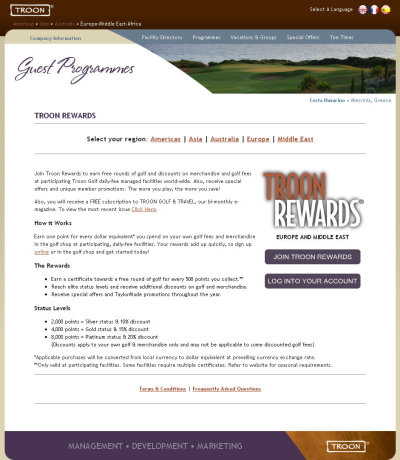 Troon Rewards page from website