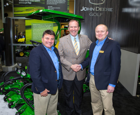 (left to right): Howard Storey, John Deere Golf product marketing manager, Europe & Middle East; Jerry Kilby, executive director, UKGCOA; and John Deere Limited UK & Ireland turf division sales manager Joedy Ibbotson