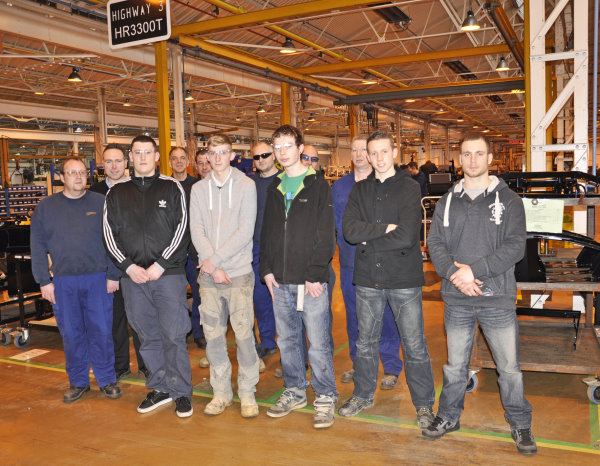 (l-r) New apprentices Daniel Phelps, Dean Manning, Alex Rae, Joe Tynan and Louis Barrett with their mentors on their first day at Ransomes Jacobsen