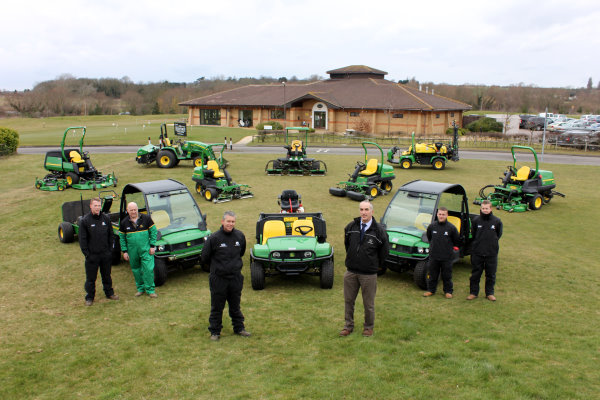 (Centre left and right) The Bedford Golf Club’s head greenkeeper Simon Trotter and dealer Martin Green of P Tuckwell Ltd, Maulden, with the new John Deere fleet and (left to right): Jamie Swain, head mechanic Richard Swain, Anthony Rizzi and Scott Cranny.