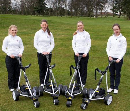 Members of England Golf’s Ladies Performance Squad with their new Freeway SPORT trolleys