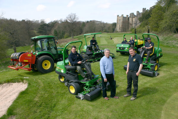 Brancepeth Castle Golf Club’s management committee chairman Jim Murray and head greenkeeper Andrew Welsh (standing, left & right) with (seated, left to right) greens staff Michael Curry and Stephen Hagar, apprentice Matthew Craddock, mechanic Paul Simpson and deputy head greenkeeper Mark Brown, and the new John Deere machinery fleet.