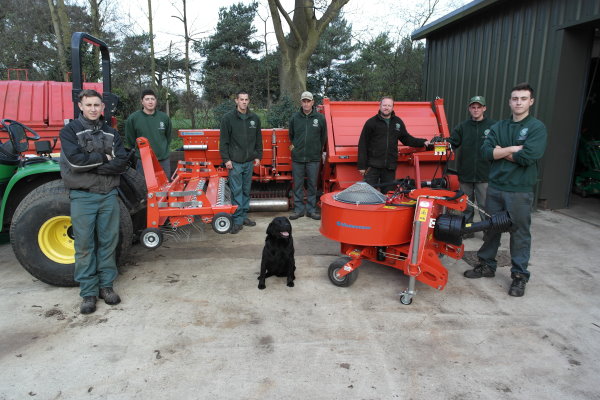 The Fulwell Golf Club team, with Paul Brown, Course Manager, third from right, and Labrador, Oscar, surrounded by their Wiedenmann kit.