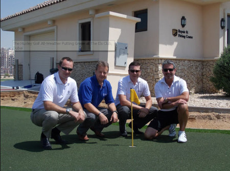 The Huxley Golf All-Weather Putting Green at The Els Club, Dubai. Pictured left to right is: Callum Nicoll – Operations Manager, Els Club; Richard White – Huxley Golf Installation Manager; David Gray – Managing Partner, DG Golf; Dave Cain – Managing Partner, DG Golf