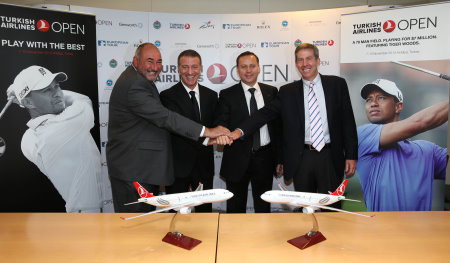 Andrew Chandler, Group Chief Executive of International Sports Management, Ahmet Ali Ağaoğlu, President of the Turkish Golf Federation, Faruk Cizmecioglu, Chief Marketing Officer at Turkish Airlines and Keith Waters, Chief Operating Officer and Director of International Policy for The European Tour, announcing Turkish Airlines as title sponsor of a new 2013 European Tour Final Series event in Turkey (©Getty Images)