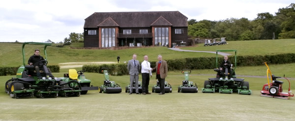 Caversham Heath Golf Club’s new machinery with (from left to right): Jon Scoones (course manager), Martin Robinson (general  manager), Darren Jones (area sales manager for Farols who supplied the John Deere machines),  Mr Eyston (owner), Robert Wytchard (estate manager).