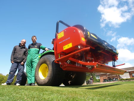 Head greenkeeper at Kedleston Park Golf Club, David Leatherland, ( left) with Henton & Chattell’s James Robson with the newly acquired Wiedenmann Terra Spike GXi8 HD