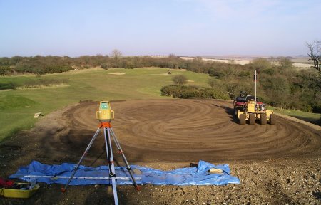 Speedcut completing the laser levelling of one of the new tees at The Dyke Golf Club, West Sussex.