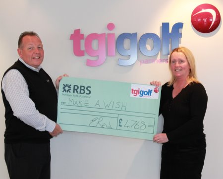 Eddie Reid, TGI Golf Partnership Managing Director (left) presents Carolyn Thornton, Volunteer & Community Fundraising Manager from Make-A-Wish with a cheque for £4,678 on behalf of the group.
