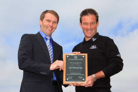 Defending champion Paul Wesselingh (right) receives his PGA Advanced Fellow Professional certificate from Robert Maxfield, the PGA’S Property and Commercial Director (credit Phil Inglis)
