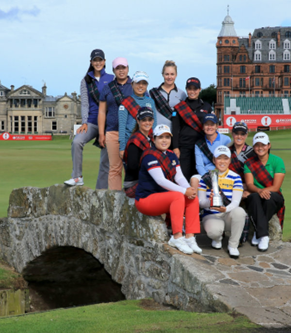 Ahead of the 2013 Ricoh Women’s British Open, 1-4 August, international stars pose on the SwilkenBridge on the 18th hole of the Old Course. Left to right (left side of bridge): Michelle Wie of the USA, Shanshan Feng of China, Mika Miyazato of Japan, Beatriz Recari of Spain, Inbee Park of South Korea, (centre front) Jiyai Shin of South Korea The 2012 Ricoh Women's British Open Champion (right side left to right) Charley Hull of England, Moriya Jutanugarn of Thailand, Catriona Matthew of Scotland, Natalie Gulbis of the USA, and Yani Tseng of Taiwan as a preview for the 2013 Ricoh Women's British Open on the Old Course at St Andrews (Photo by David Cannon/Getty Images)