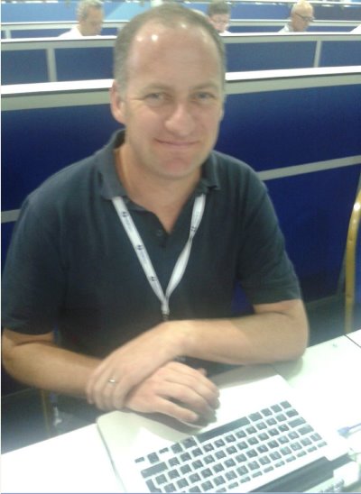 Robin Barwick at work in the Media Centre at Muirfield earlier this week (GBN.com)
