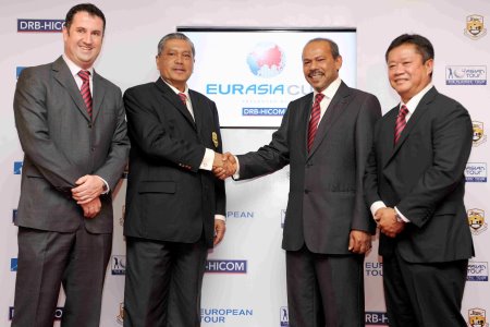 (From left) Charlie Tingey, Senior Director, EurAsia Golf, PGM Chairman Tun Ahmad Sarji Abdul Hamid, Datuk Mohamed Razeek Md Hussain, Chief Operating Officer, Services and Properties, DRB-HICOM and Asian Tour Chairman, Kyi Hla Han during the EurAsia Cup press conference at the Glenmarie Golf and Country Club on Monday
