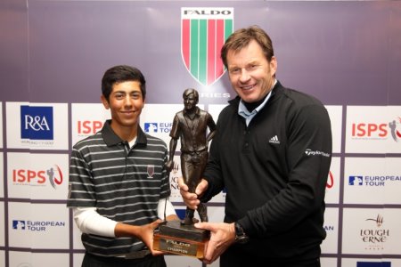 ack Singh-Brar of England receives the 2012 Faldo Series trophy from Sir Nick Faldo at Lough Erne Resort in Northern Ireland