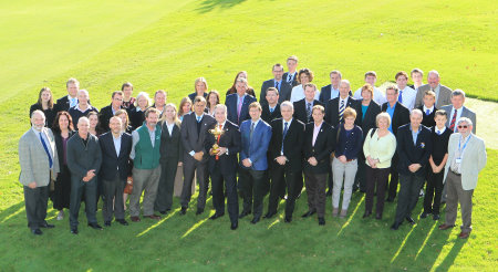 Environment Secretary, Richard Lochhead, centre with Ryder Cup with the delgates who attended the launch of the Ryder Cup "Green Drive" at Auchterarder Golf Club: (Picture Stuart Adams. www.golftourimages.com:)