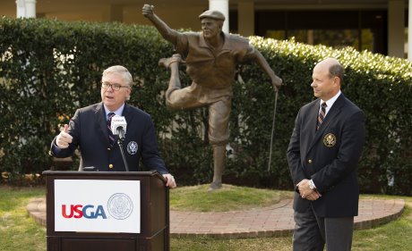 Thomas J. O'Toole Jr., USGA president-elect speaks as Michael Davis, USGA executive director looks on as Payne Stewart is announced as the 2014 Bob Jones Award winner 