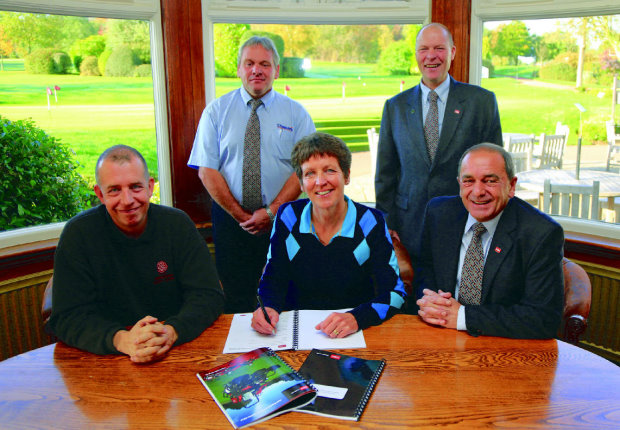 Front from left: Ed Stant, course manager, Trentham Golf Club, Julie Wright, chairwoman of the board, Trentham Golf Club, Lely UK's John Pike. Back Oakley’s area manager Andy Terry is on the left with Ray George, Oakley’s managing director