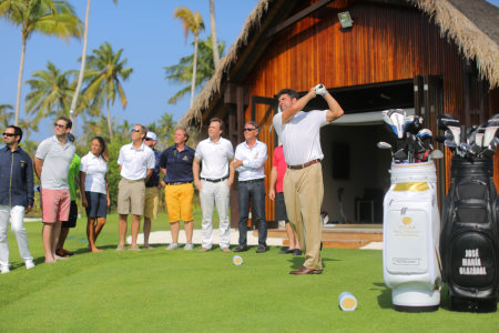 The golfing legend hits the ceremonial tee-shot at the official opening of his Velaa Golf Academy by Olazabal