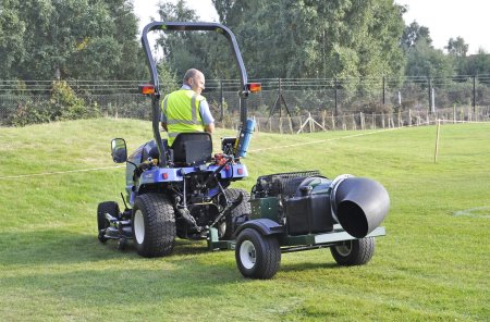 The Turfco Torrent can be hitched to most types of towing units