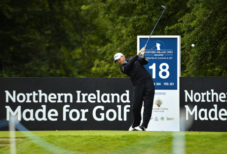 Galgorm Castle’s new Touring Professional Michael Hoey tees off from the 18th tee during last year’s Northern Ireland Open at the Ballymena venue (Credit: PressEye)