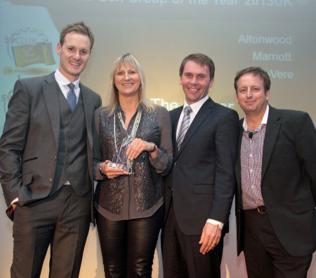 Director of Golf, Spa & Leisure Operations Alison Ainsworth Picks up the Golf Group of the Year award Left to right: Dan Walker (Host), Alison Ainsworth (Marriott), Robert Maxfield (commercial and property director at PGA) and Simon Wordsworth (chief executive at 59Club). 