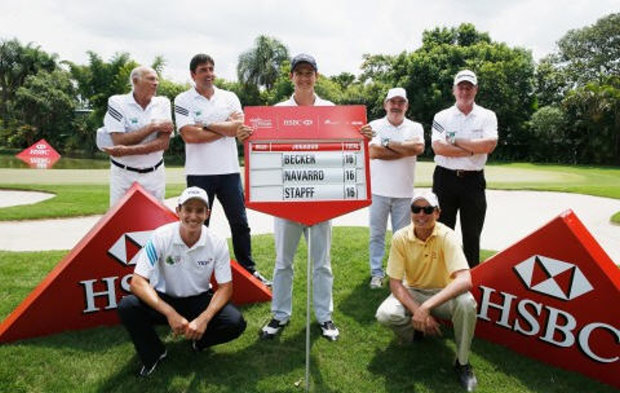 Sporting Greats on an Olympic mission to support Brazil's young golfers: Back from left: Double world basketball champion Amaury Pasos, Olympic volleyball gold medallist Giovane Gavio, World Cup winner Roberto Rivelino and former Open Champion Todd Hamilton; front from left Daniel Stapff, Rafael Becker and Felipe Navarro (Photo: Business Wire)