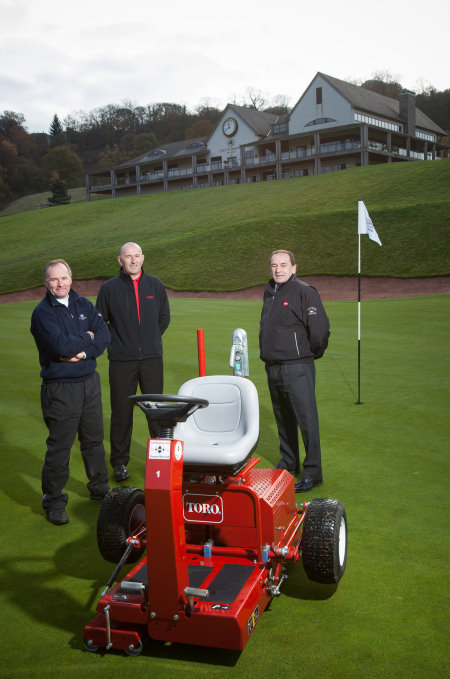 With the GreensPro 1200 Jim McKenzie stands on the left, Lely’s John Pike on the right and Wyn Davies of dealer Ted Hopkins in the middle.