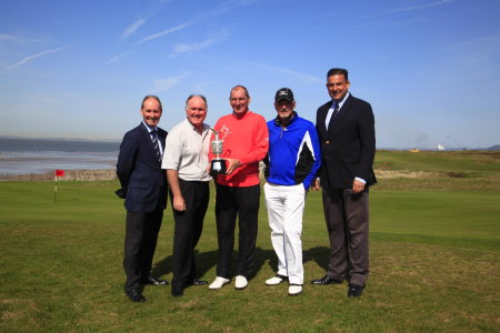 Andy Stubbs, Managing Director of the European Senior Tour, Ronan Rafferty, Mark Mouland, Gordon Brand Jnr, Martin Ebert from the R&A at Royal Porthcawl for the Senior Open Championship Presented by Rolex Media and Sponsors’ day (Phil Inglis)