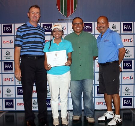 Patrick Young, CEO, Faldo Series Asia (left) congratulates Princess Mary Superal on her success in the seventh Faldo Series Philippines Championship as Raymund Bunquin. General Manager at Eagle Ridge Golf & Country Club, and Luigi Tabuena, President, Junior Golf Foundation of the Philippines, look on