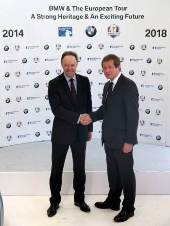 Dr Ian Robertson, Member of the Board of Management of BMW AGM, Sales and Marketing (left), and George O’Grady, Chief Executive of The European Tour, shake hands on the four-year extension to their current partnership at BMW’s Park Lane dealership in London (Photo by Ian Walton/Getty Images)