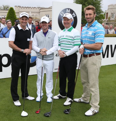 L-R) Andrew Strauss, Rory McIlroy, Tim Abbott (Managing Director, BMW UK) and Chris Robshaw on the first tee of the 2013 BMW PGA Championship Celebrity Pro-Am