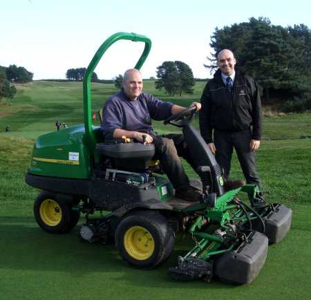 Course manager Andrew Ralphs of Delamere Forest Golf Club – pictured with John Deere dealer salesman Richard Owens of Turner Groundscare – also chose a John Deere 2500E to minimise noise and the risk of oil spills on his course