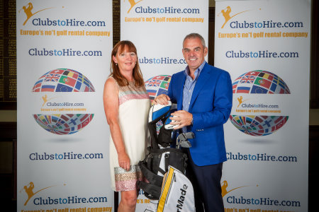 Paul McGinley presents ClubstoHire's 125,000th customer Barbara McGuinness with a new set of TaylorMade clubs and bag at Royal Dublin Golf Club (Picture credit Owen O'Connor)