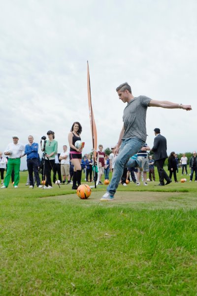 Former Leeds United FC player Andy Gray takes the first tee shot at Footgolf Leeds