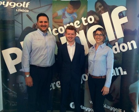 Paul Boguslavsky and Ionica Lupu from Playgolf with Simon Jones (centre) of the Golf Show Group