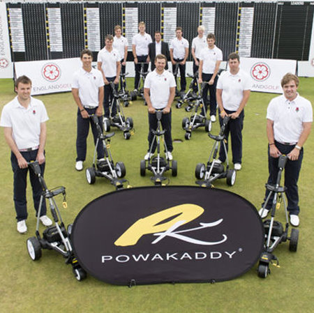 Members of the England men’s elite squad are pictured with Mike Conlan of PowaKaddy at the presentation of the new fleet of FW7 electric trolleys. (Image © Leaderboard Photography)