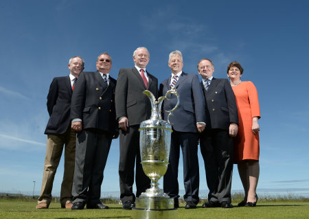 Simon Rankin, Captain Royal Portrush; Peter Unsworth, Chairman of The R&A Championship Committee; Deputy First Minister Martin McGuinness MLA; First Minister the Rt. Hon. Peter D Robinson MLA; Peter Dawson, Chief Executive The R&A; Enterprise, Trade and Investment Minister, Arlene Foster (photo The R&A)