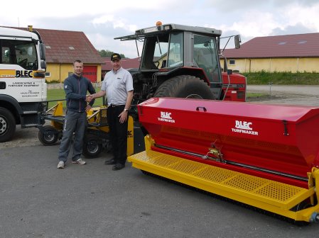 The BLEC Turfmaker Seeder delivered to Jeppe Hansen (left) of Volstrup Golf Club and Turfgrowers by Gary Mumby, md of BLEC Global