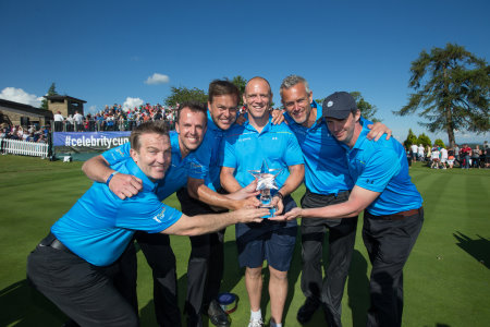 The England team, from left, Bradley Walsh, Graeme Swann, Peter Jones, Mike Tindall, Mark Foster and Matthew Goode with the Celebrity Cup trophy