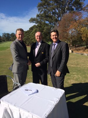 Faldo Series Asia Chief Executive Officer Patrick Young (left) with David Geraghty, President, Castle Hill Country Club, and Lindsay Verdon, Captain, Castle Hill Country Club, at the official signing ceremony