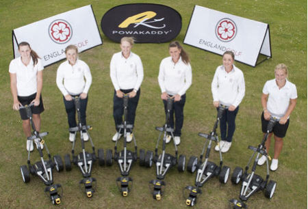 Members of the England Golf women’s Performance and USA squads are pictured at the presentation of the new fleet of FW7 electric trolleys.  From left: Olivia Winning (Rotherham), Bronte Law (Bramhall), Gabriella Cowley (Hanbury Manor), Sarah-Jane Boyd (Truro), Alex Peters (Notts Ladies’), Hayley Davis (Ferndown).  (Image © Leaderboard Photography)