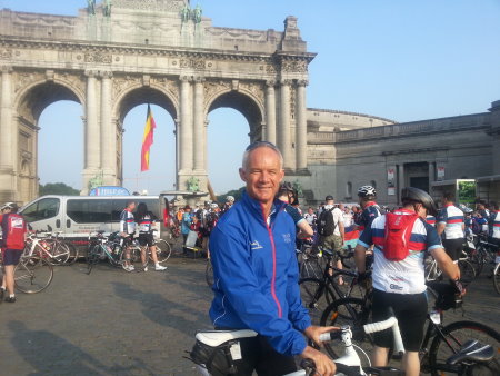 Colin Mayes poses by the Cinquantenaire Triumphal Arch in Brussels following his 335-mile ride for Help for Heroes